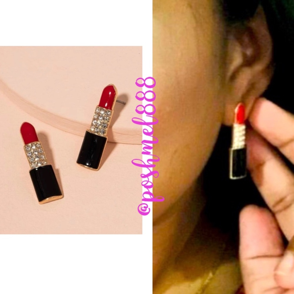 Ooh-La-LaLipstick💄💎Fun Rhinestone Pavé Earrings Red Black & Gold - Picture 1 of 8